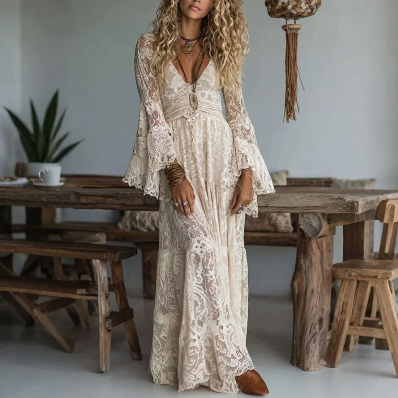 1. Clothing Beautiful, Romantic V Neck Embroidery Lace Jacquard Long Dress